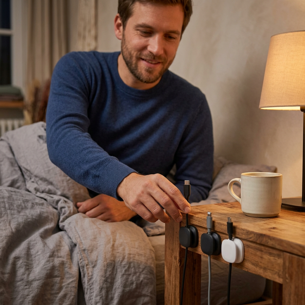 Man in bed reaching for a charging cable held by a magnetic clip on the nightstand