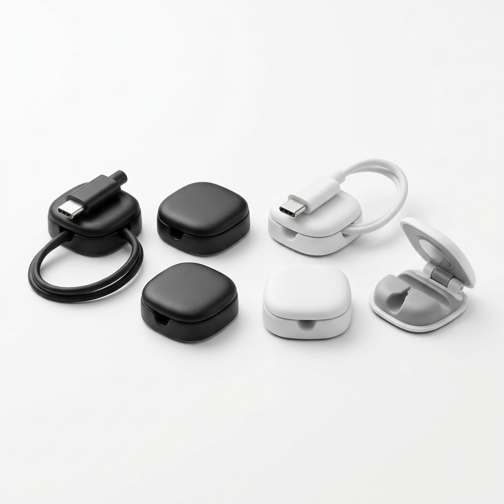 Six magnetic cable clips in matte black and white on a pure white background