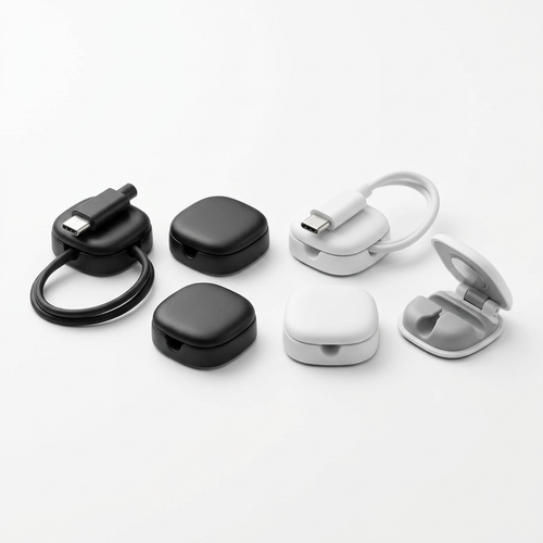 Six magnetic cable clips in matte black and white on a pure white background
