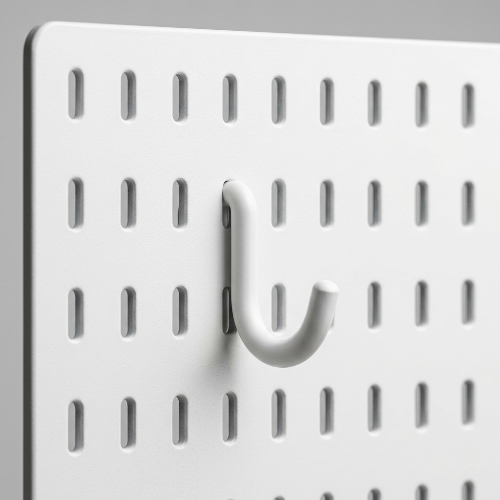 Macro close-up of a white J-hook inserted in the slot holes of a white pegboard panel