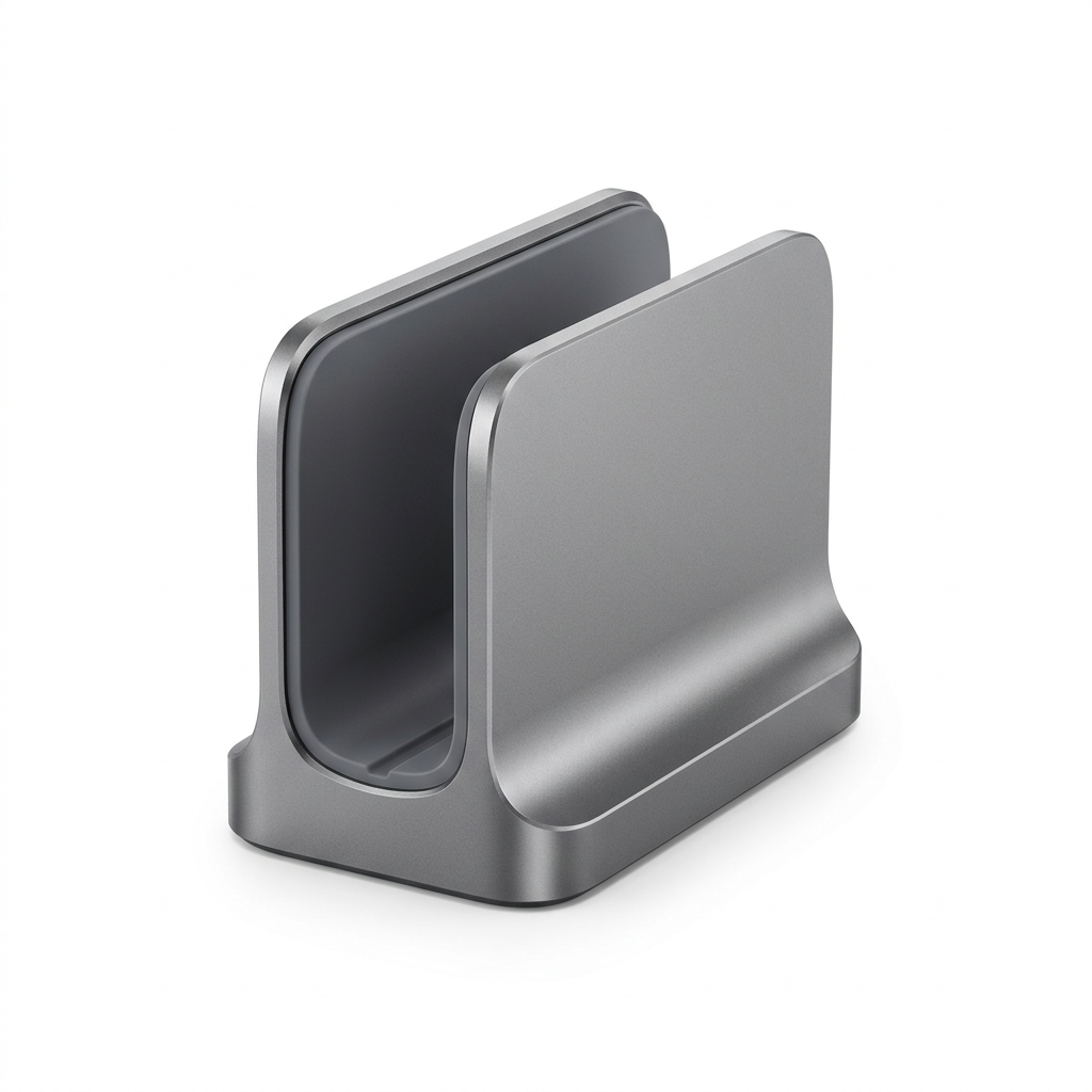 Space gray aluminum vertical laptop stand on a pure white background