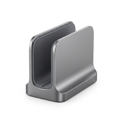 Space gray aluminum vertical laptop stand on a pure white background