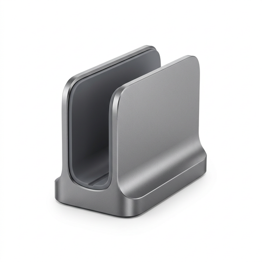 Space gray aluminum vertical laptop stand on a pure white background