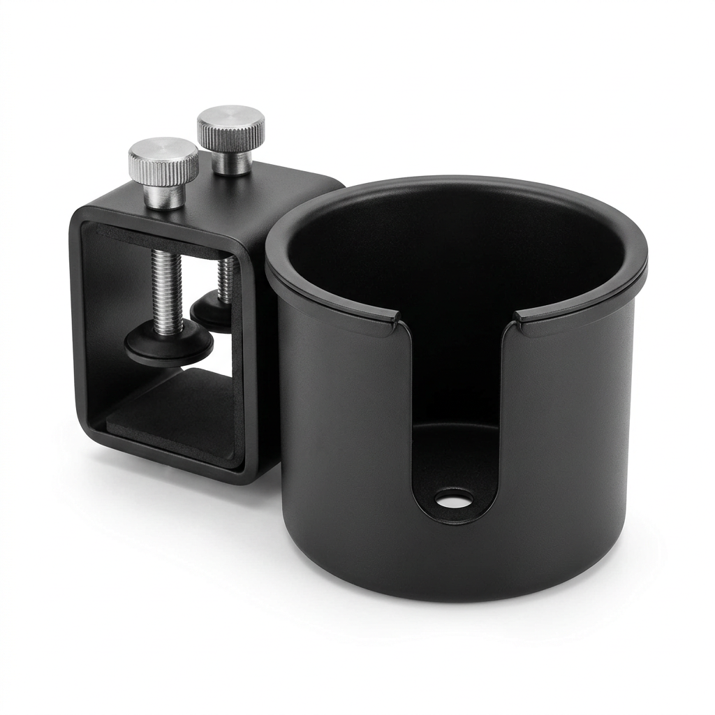 Matte black clamp-on desk cup holder with silver knobs on a pure white background