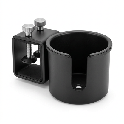 Matte black clamp-on desk cup holder with silver knobs on a pure white background