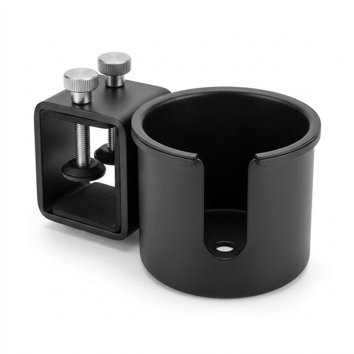 Matte black clamp-on desk cup holder with silver knobs on a pure white background