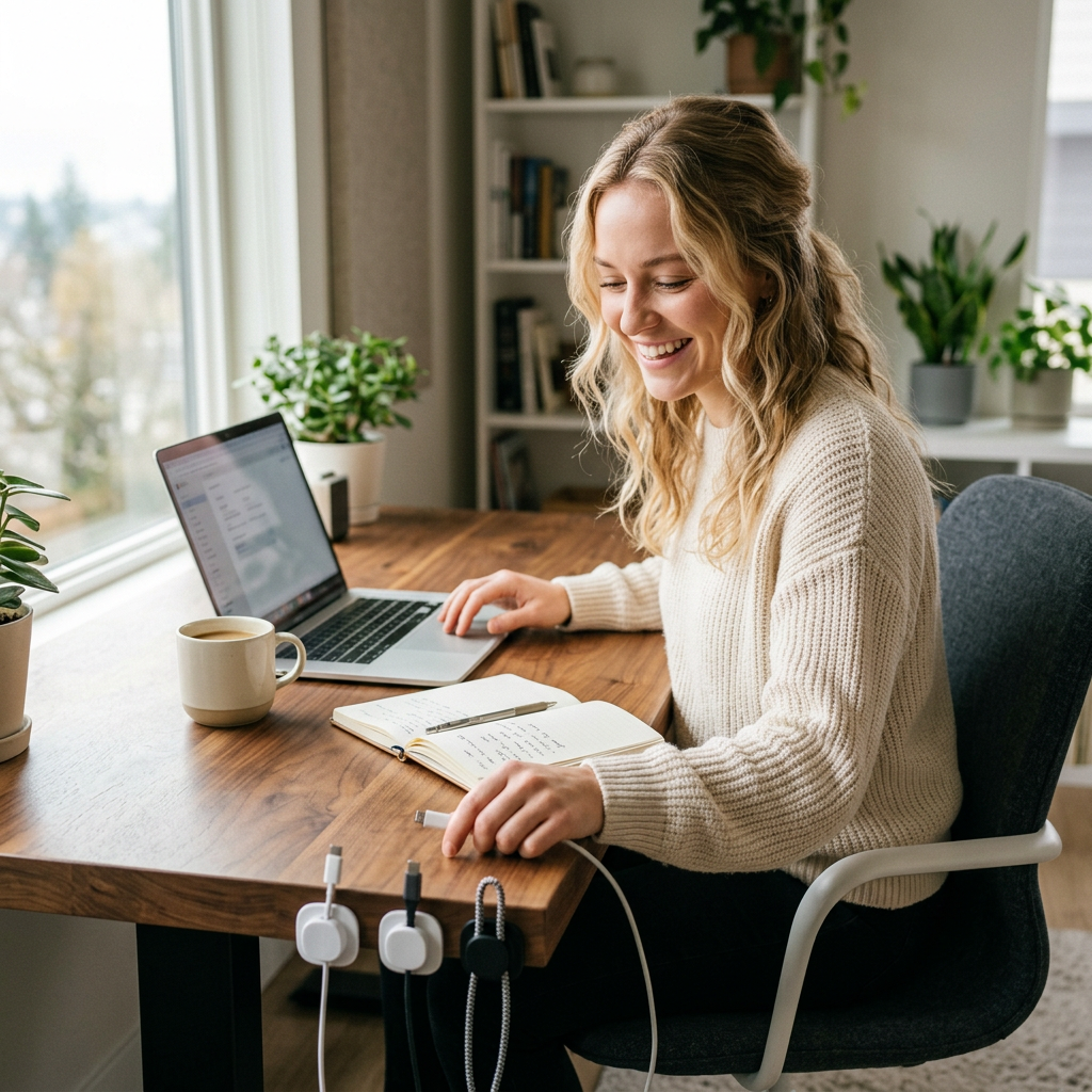 Woman at a bright home office desk reaching for a cable held by a magnetic cable clip