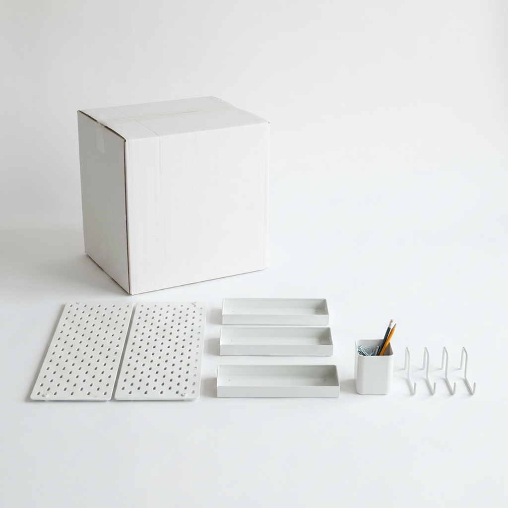 Plain unbranded white box with the full white pegboard organizer kit arranged in front