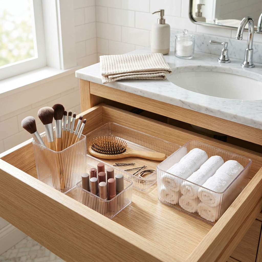 Bathroom vanity drawer organized with clear acrylic bins holding brushes, lipsticks and towels