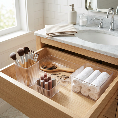 Bathroom vanity drawer organized with clear acrylic bins holding brushes, lipsticks and towels