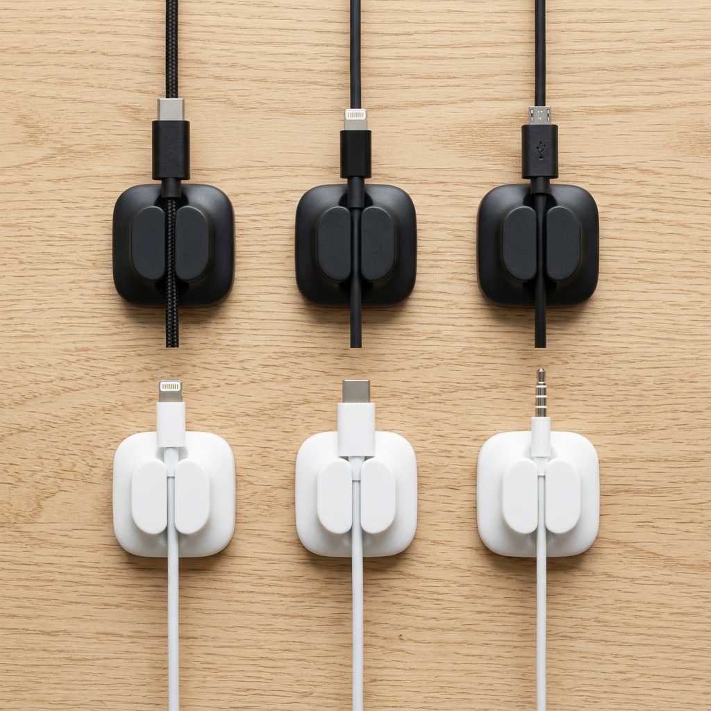 Flat lay of six magnetic cable clips holding different types of charging cables