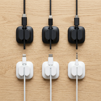 Flat lay of six magnetic cable clips holding different types of charging cables