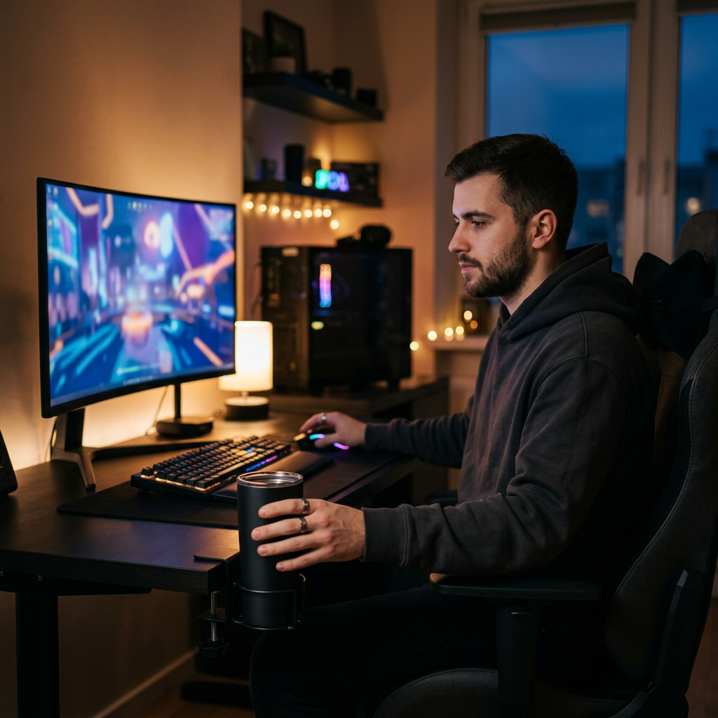 Man at a gaming desk at night reaching for a tumbler in a clamp-on cup holder