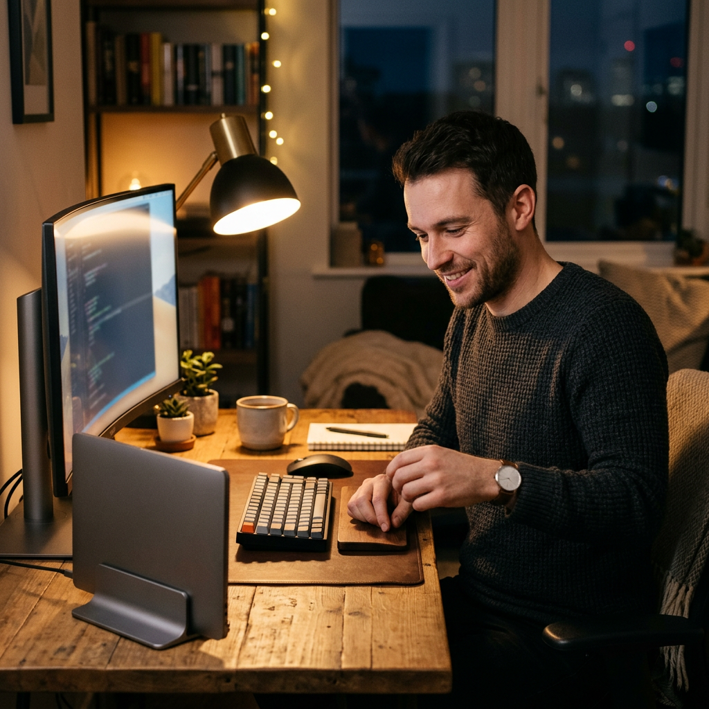 Man at a cozy evening desk with his laptop standing in the vertical laptop stand