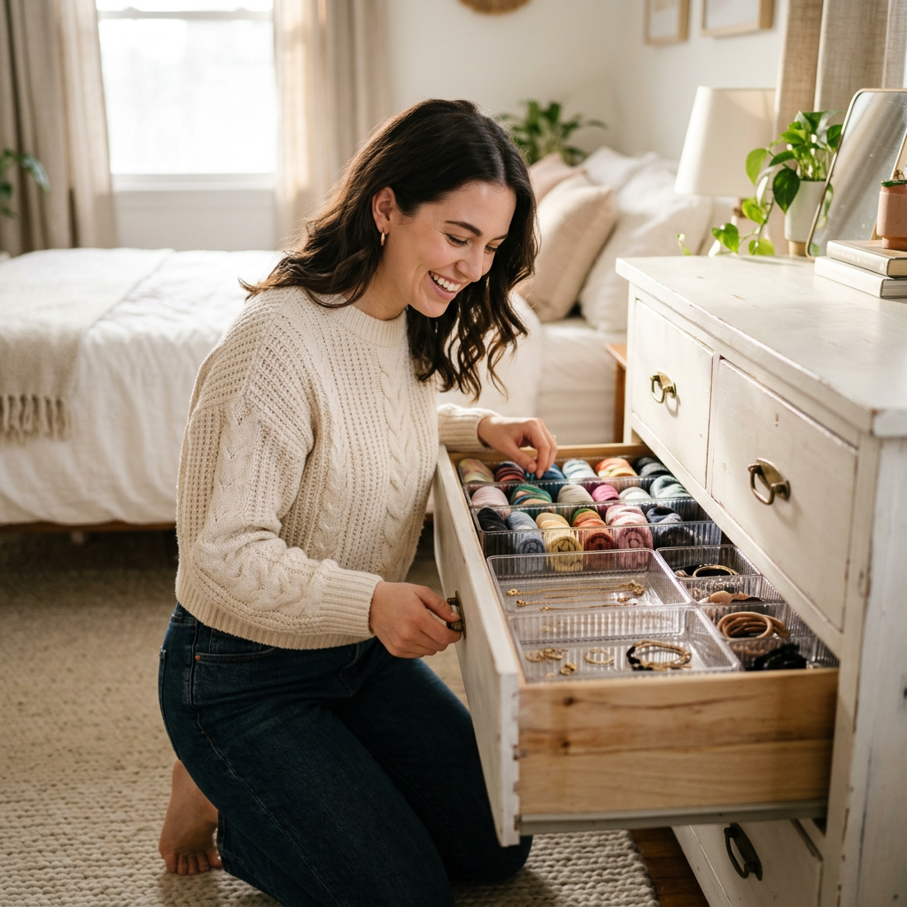Smiling woman opening a dresser drawer organized with clear acrylic bins