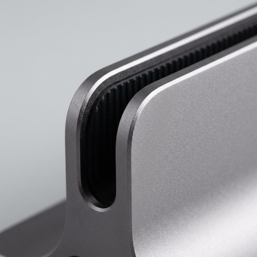 Macro close-up of the anodized aluminum texture and cradle slot of the laptop stand