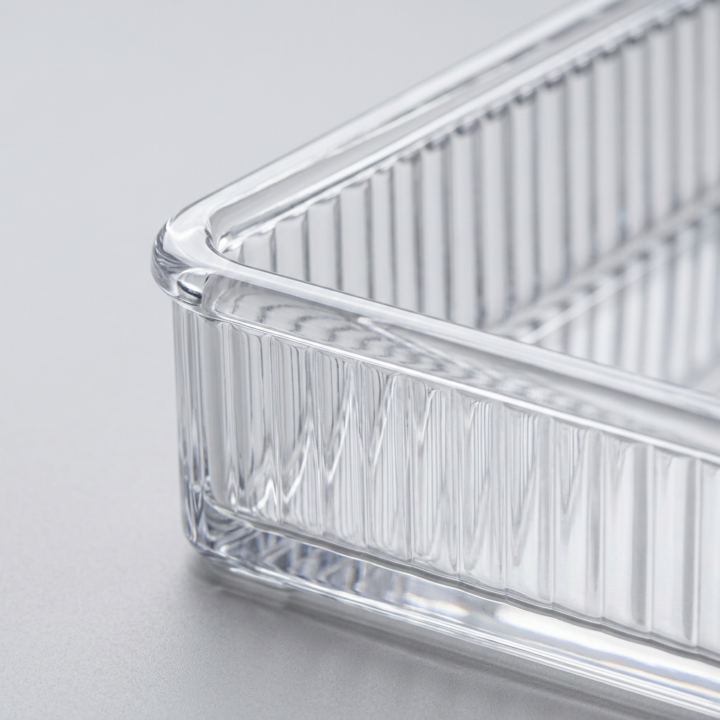 Macro close-up of the ribbed wall and rounded rim of a clear acrylic organizer bin