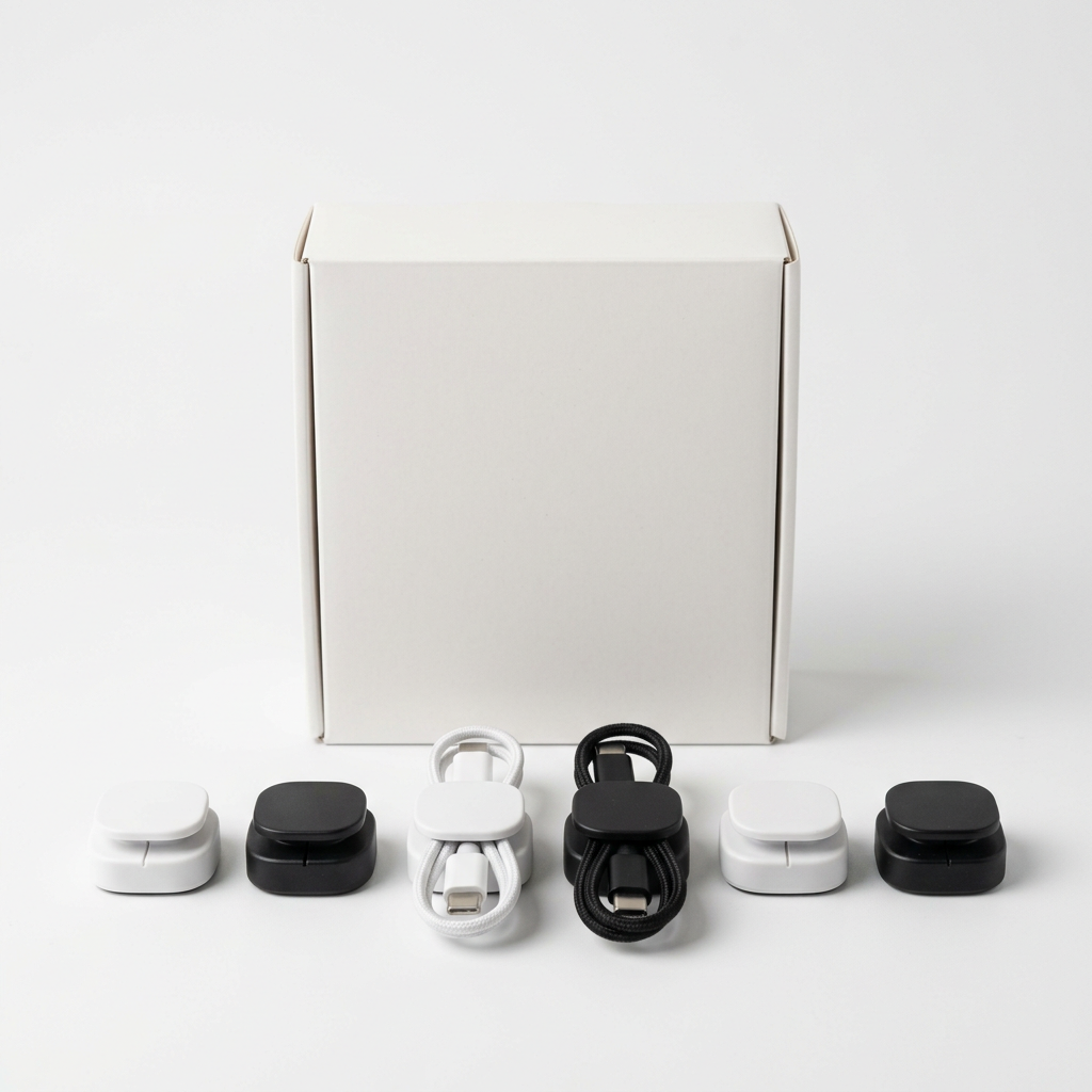 Plain unbranded white box with six magnetic cable clips arranged in front