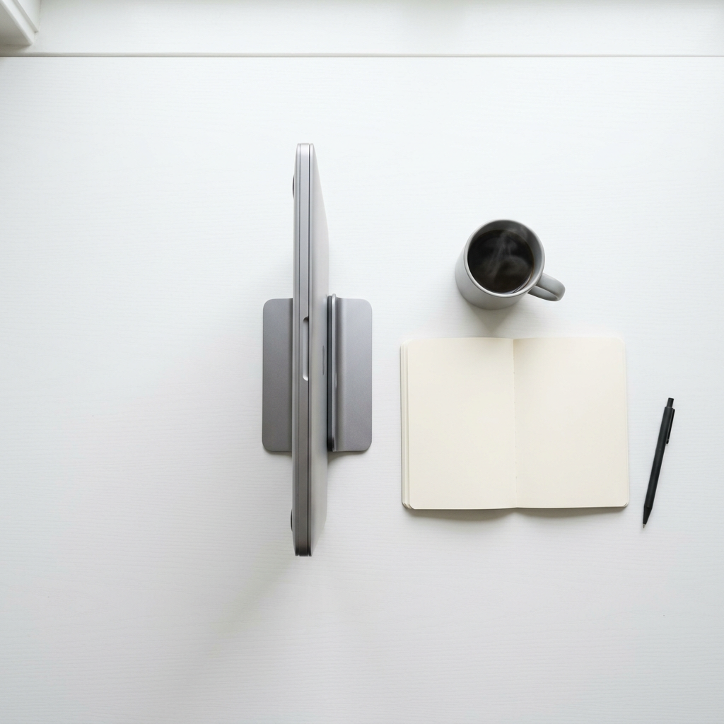 Overhead view of a laptop in the vertical stand taking up minimal desk space