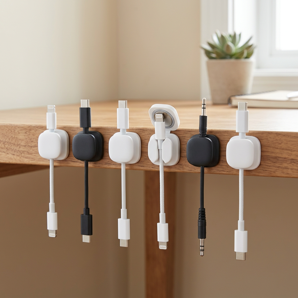 Six magnetic cable clips holding charging cables in a row on a wooden desk edge