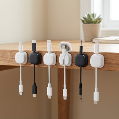 Six magnetic cable clips holding charging cables in a row on a wooden desk edge