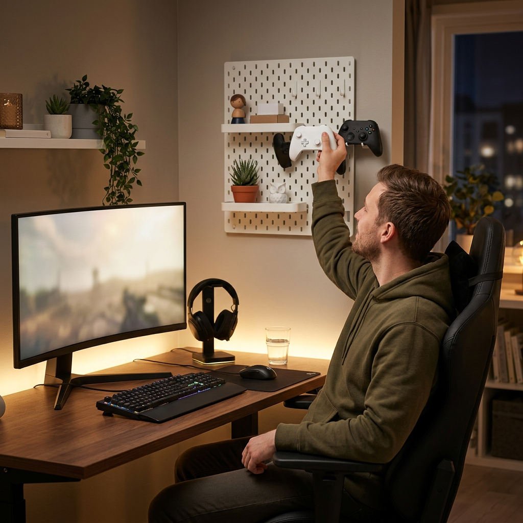 Man at a gaming desk reaching for a controller on a white pegboard organizer