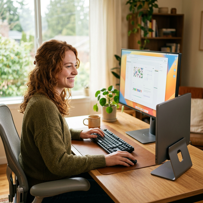 Woman working at a bright desk with her laptop docked vertically in the stand
