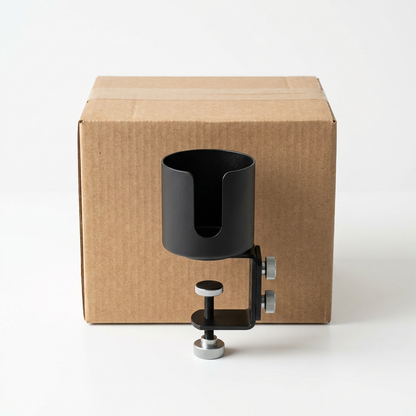 Plain unbranded kraft box with a black clamp-on desk cup holder in front