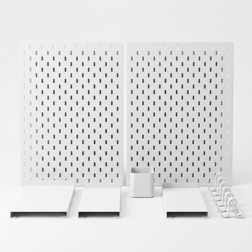 Full white pegboard organizer kit with two panels, shelves, cup and hooks on a white background