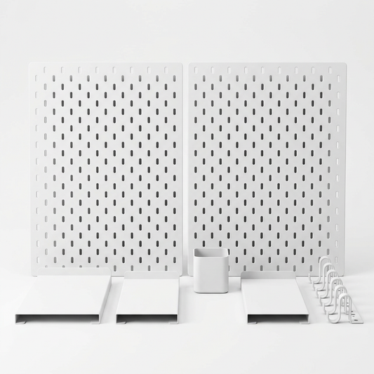 Full white pegboard organizer kit with two panels, shelves, cup and hooks on a white background