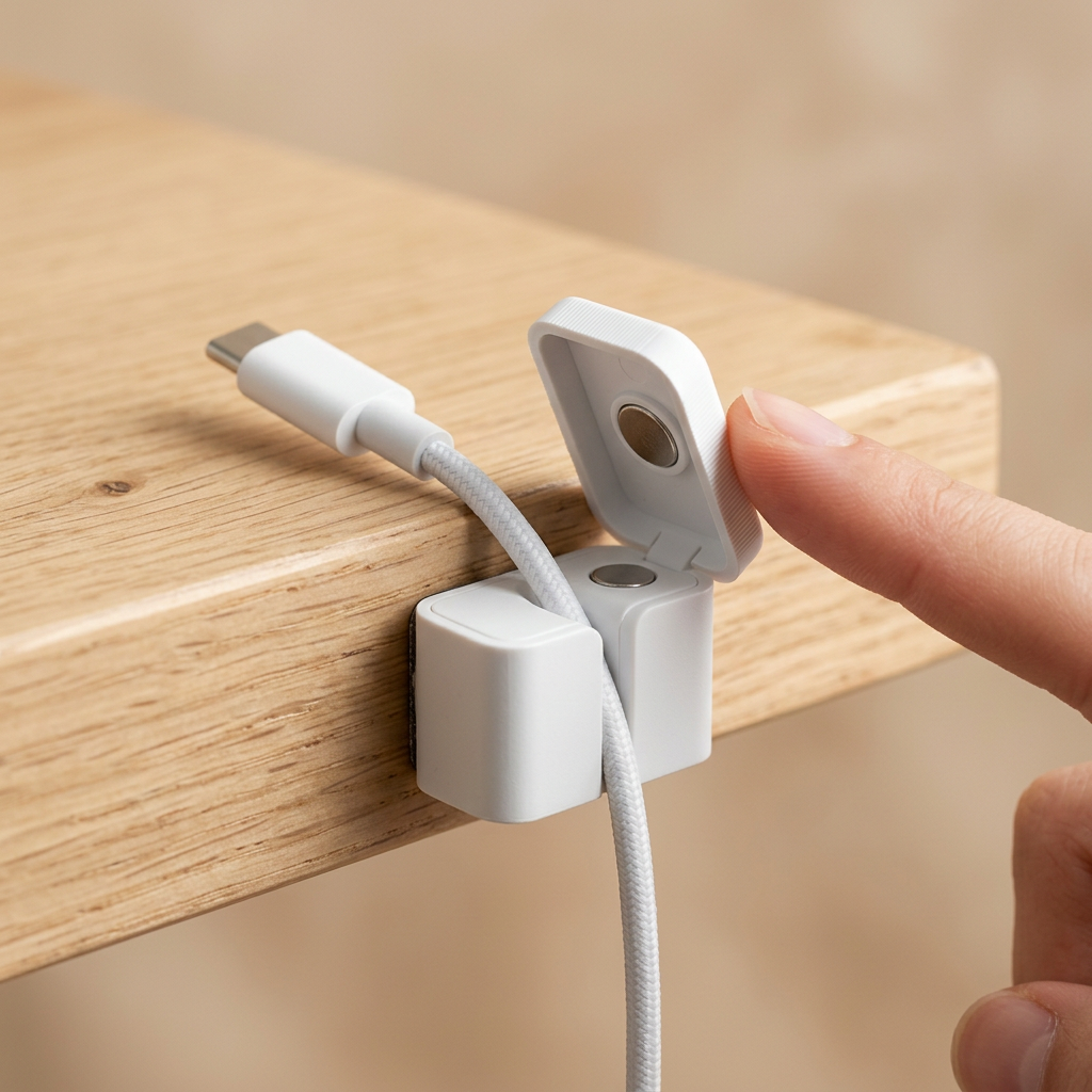 Close-up of a white magnetic cable clip snapping open to place a USB-C cable