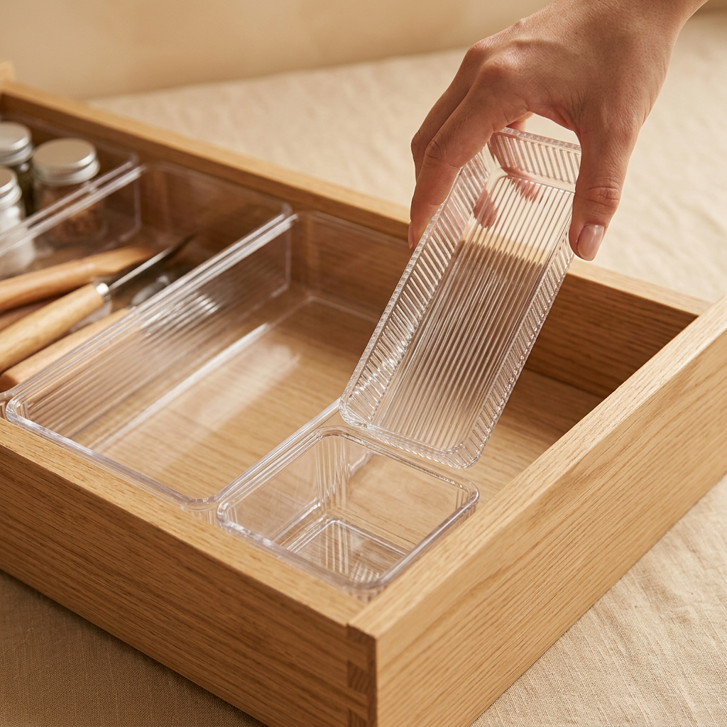 Hand placing a long clear acrylic organizer bin into a wooden drawer