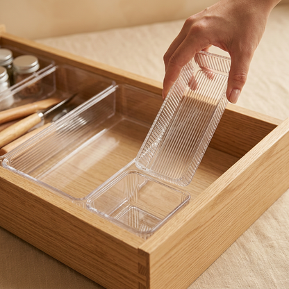 Hand placing a long clear acrylic organizer bin into a wooden drawer