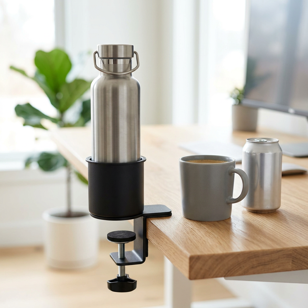 Clamp-on desk cup holder holding a steel water bottle next to a mug and a can