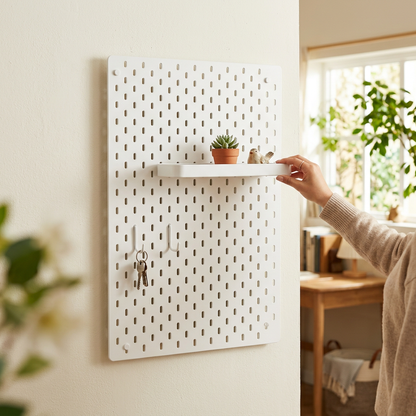 Hand adjusting a white shelf on a wall-mounted pegboard organizer
