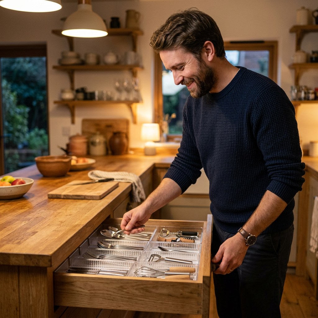 Man in a warm kitchen opening a drawer with cutlery sorted in clear acrylic bins