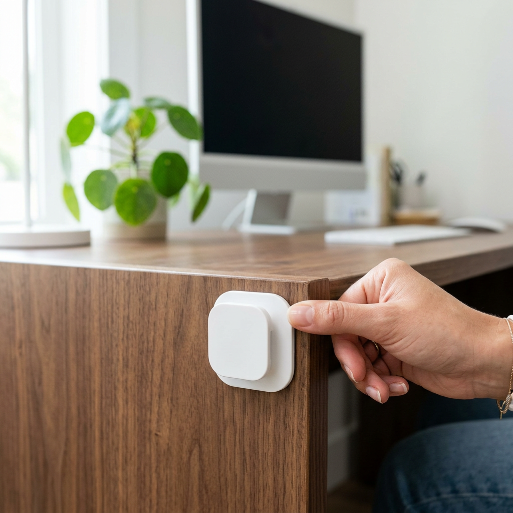 Hand pressing a white magnetic cable clip onto the edge of a wooden desk to install it