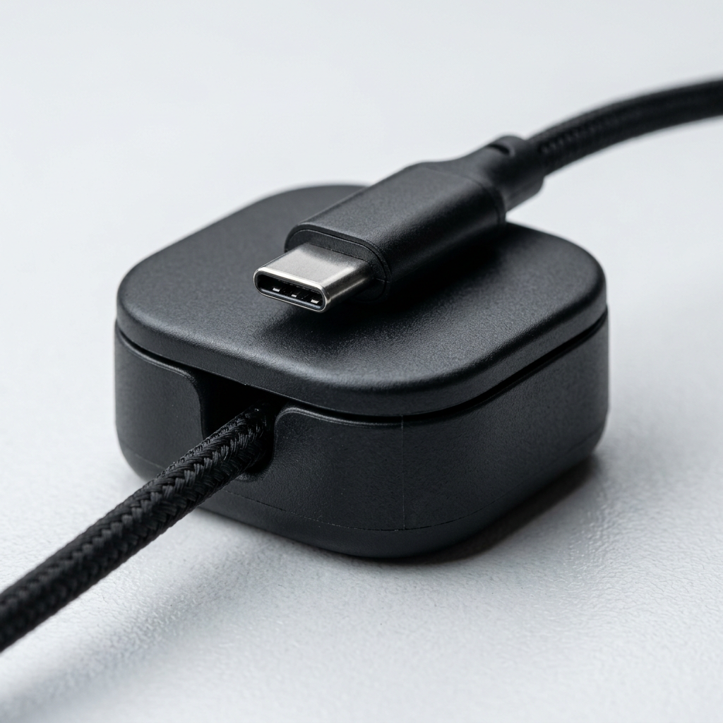 Macro close-up of a matte black magnetic cable clip holding a USB-C cable