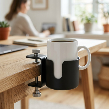 Clamp-on desk cup holder holding a white coffee mug on a light oak desk edge