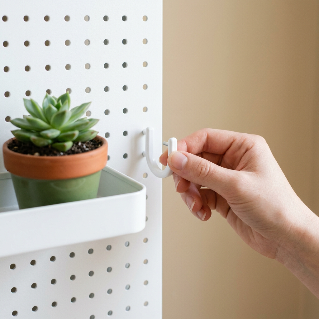 Hand slotting a white J-hook into a pegboard panel next to a shelf with a succulent
