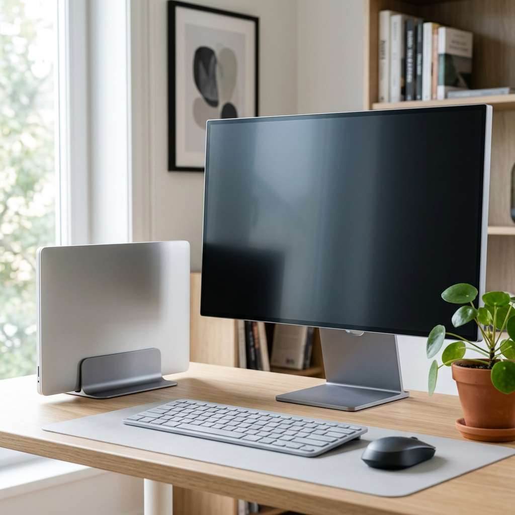 Laptop standing vertically in a space gray stand beside an external monitor on a desk