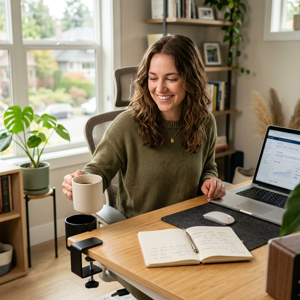 Woman at a bright home office desk lifting a mug from a clamp-on cup holder