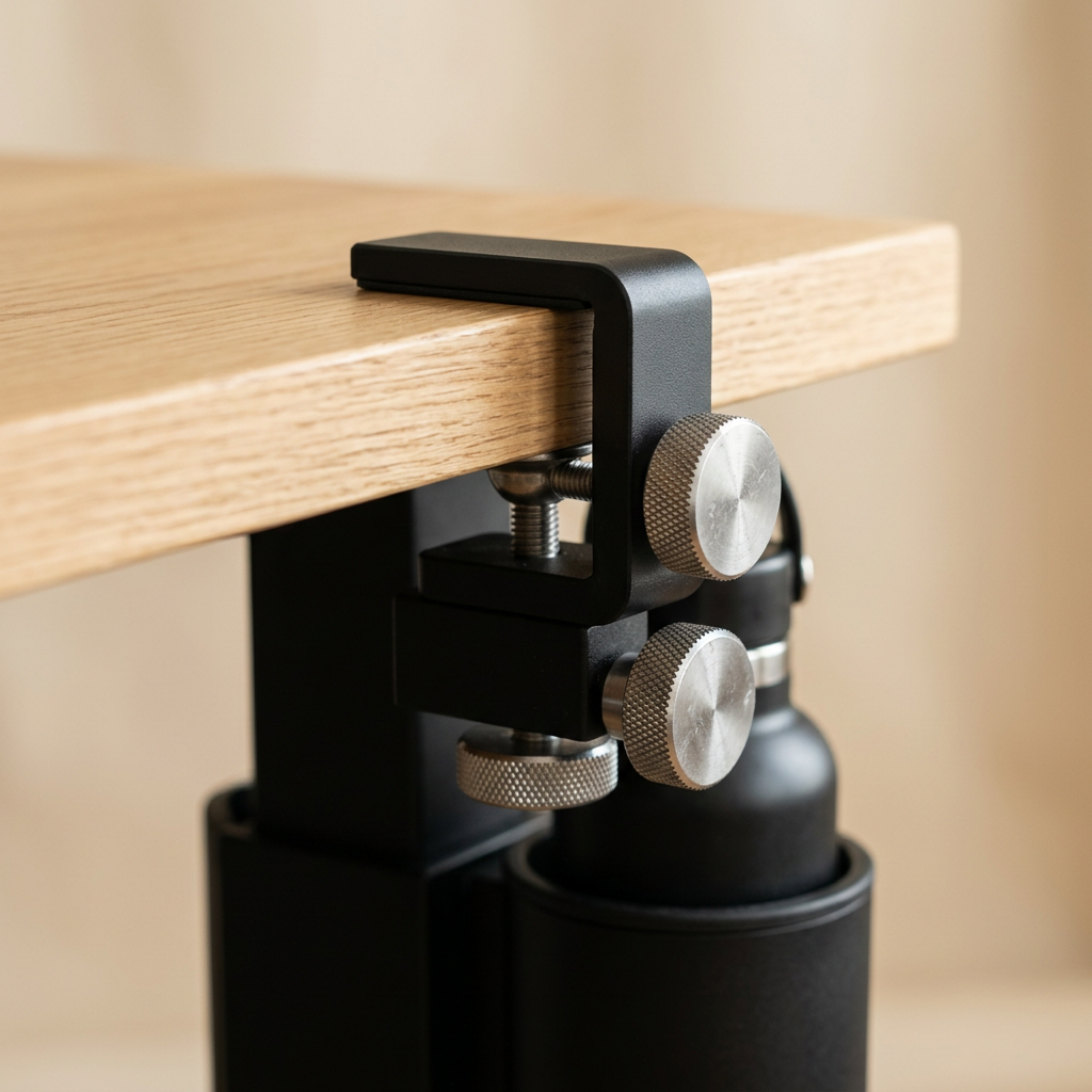 Close-up of the adjustable clamp and silver knobs of a desk cup holder on a tabletop