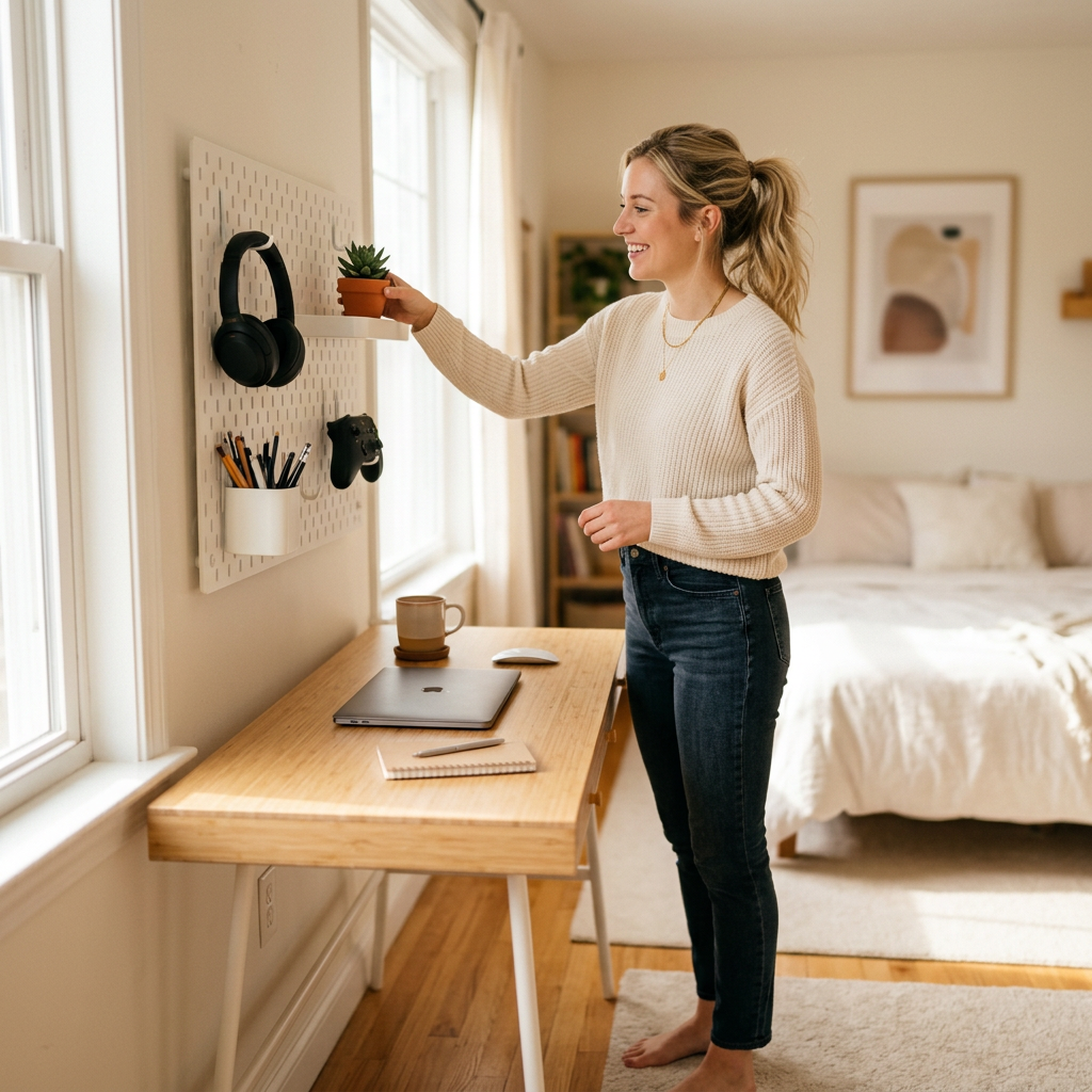 Woman placing a plant on a white pegboard organizer in a bright bedroom