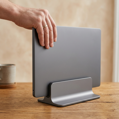 Hand sliding a laptop vertically into the cradle of a space gray aluminum laptop stand