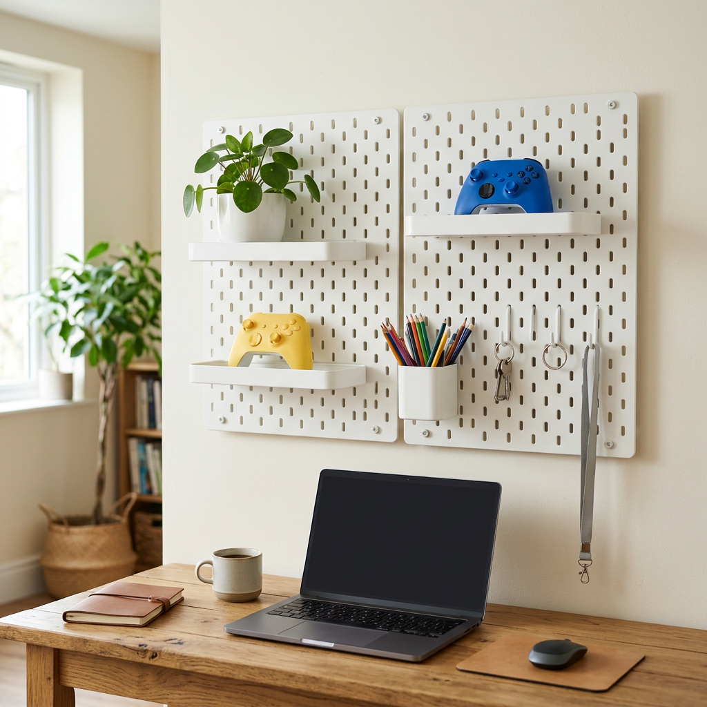White pegboard organizer on a wall above a desk holding controllers, a plant, pencils and keys