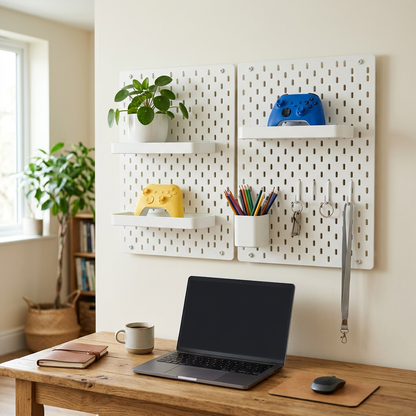 White pegboard organizer on a wall above a desk holding controllers, a plant, pencils and keys