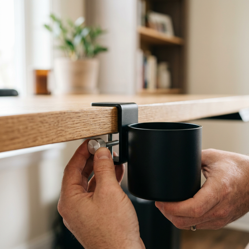 Hands tightening the clamp knob of a desk cup holder on a wooden desk edge