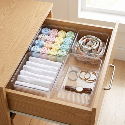 Open dresser drawer organized with four clear acrylic bins holding socks, tees, a scarf and jewelry